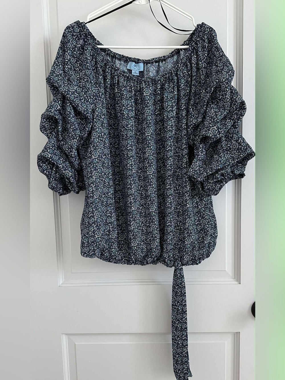 CeCe Navy Blue Paisley Off-Shoulder Tie Blouse